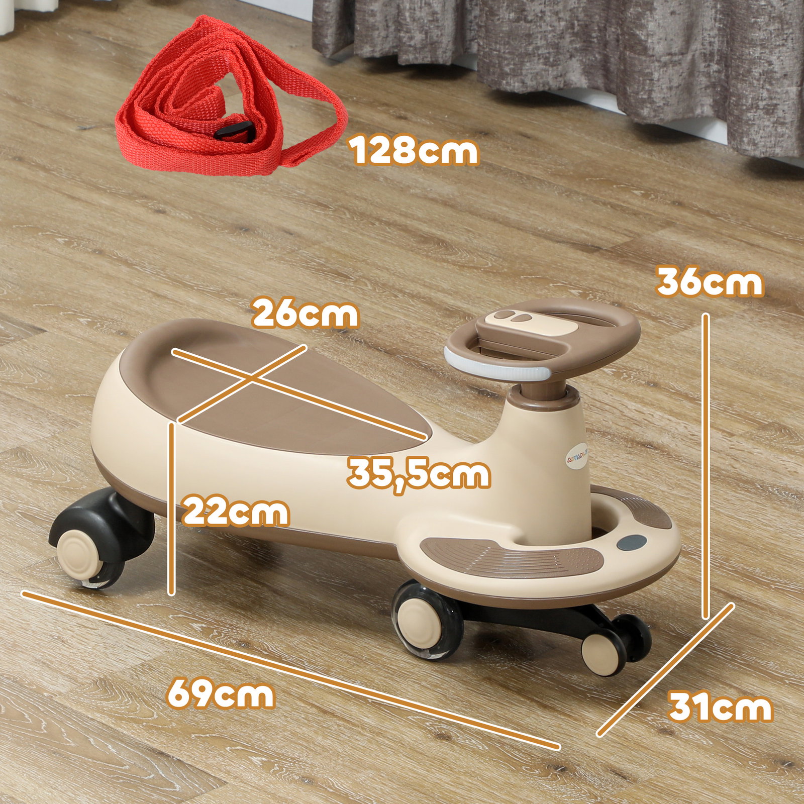 Carrinho gira gira para crianças carrinho wiggle com guiador para pais música luz e espaço de arrumação 69x31x69 cm cáqui