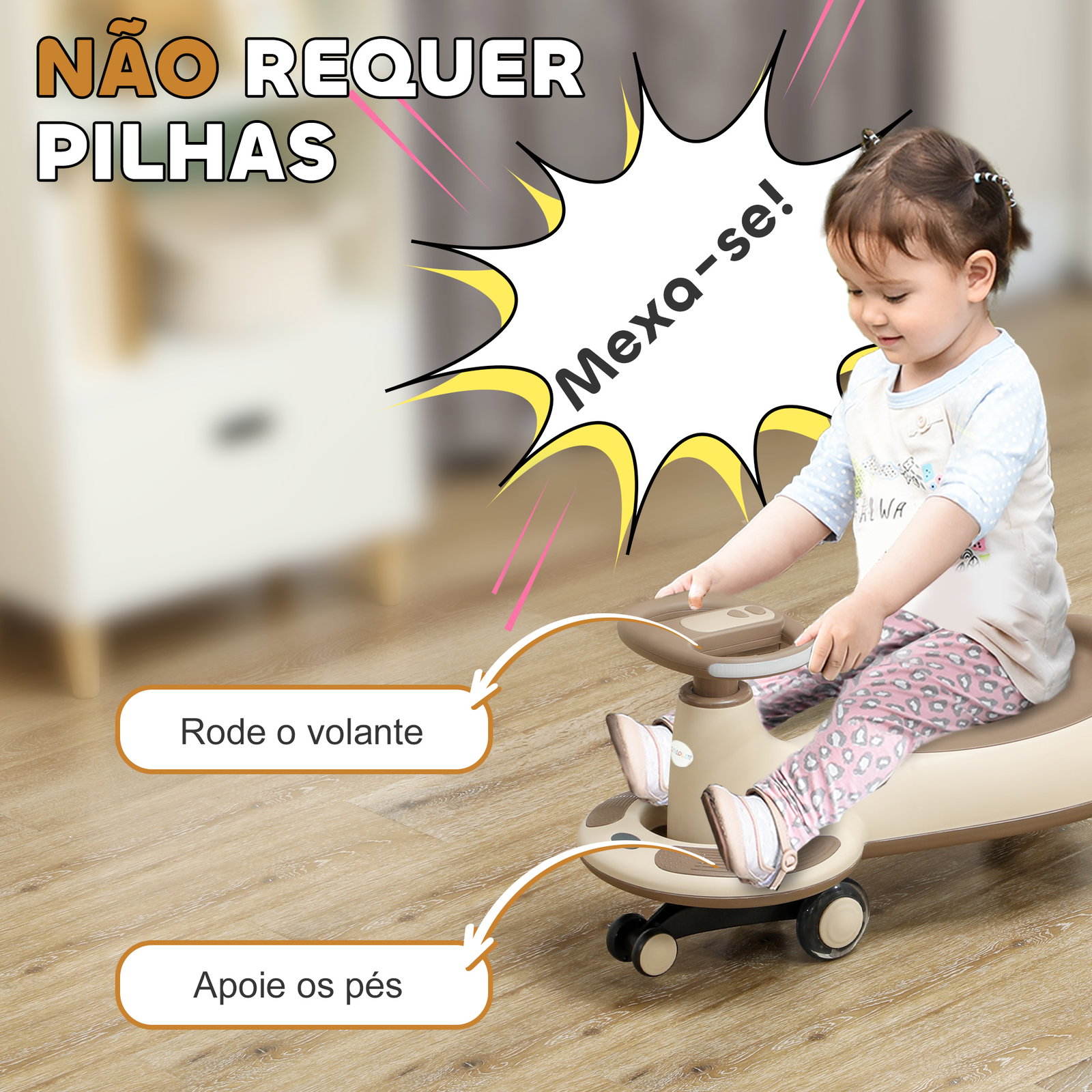 Carrinho gira gira para crianças carrinho wiggle com guiador para pais música luz e espaço de arrumação 69x31x69 cm cáqui