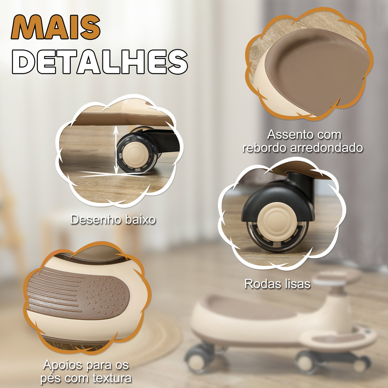 Carrinho gira gira para crianças carrinho wiggle com guiador para pais música luz e espaço de arrumação 69x31x69 cm cáqui