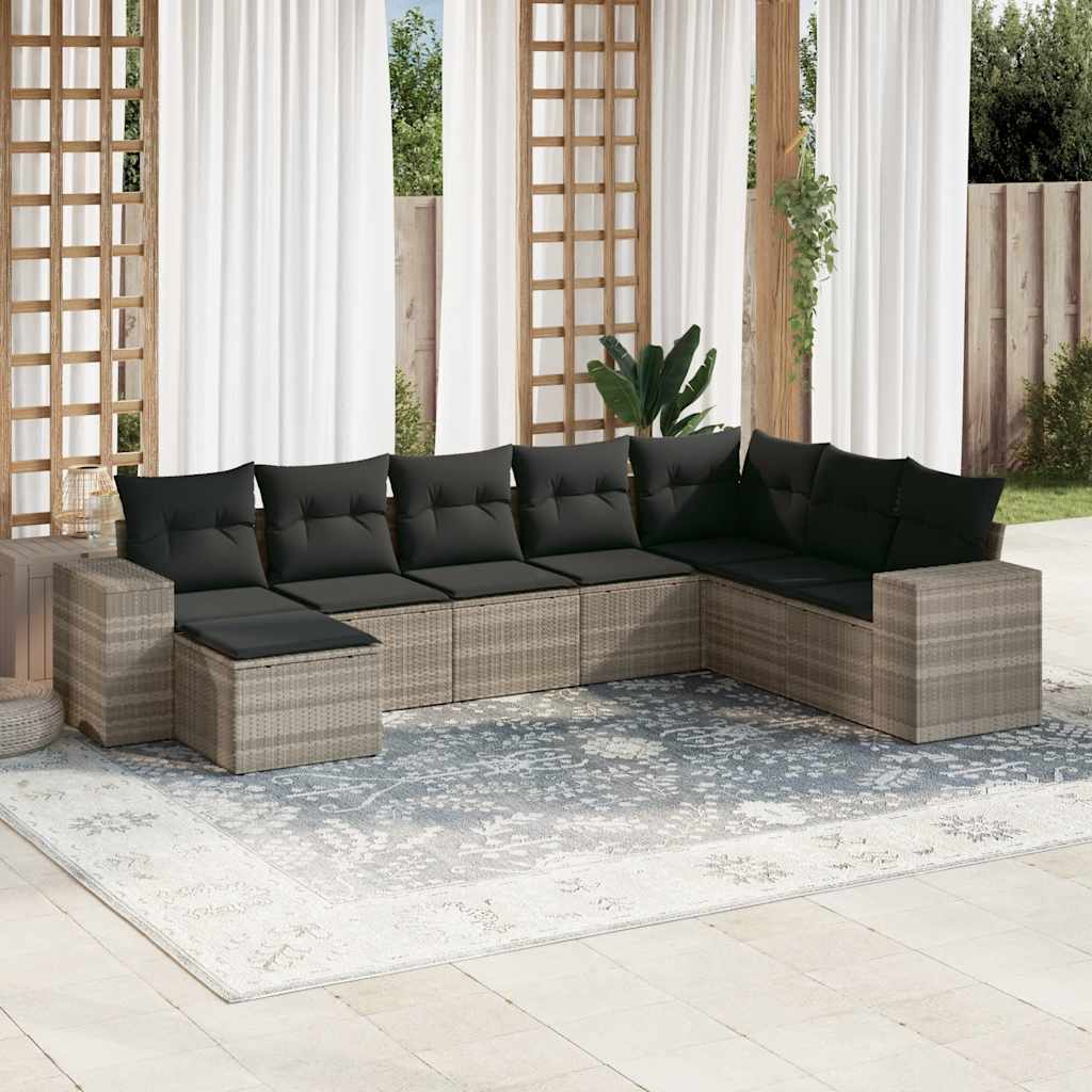 8 Pcs conj. sofás jardim c/ almofadões vime PE cinzento-claro