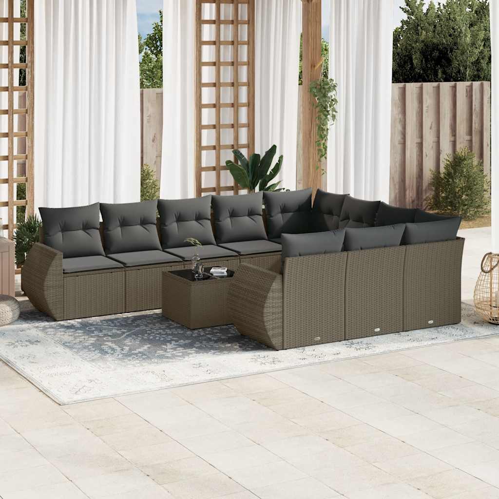 11 Pcs conjunto sofás de jardim c/ almofadões vime PE cinzento