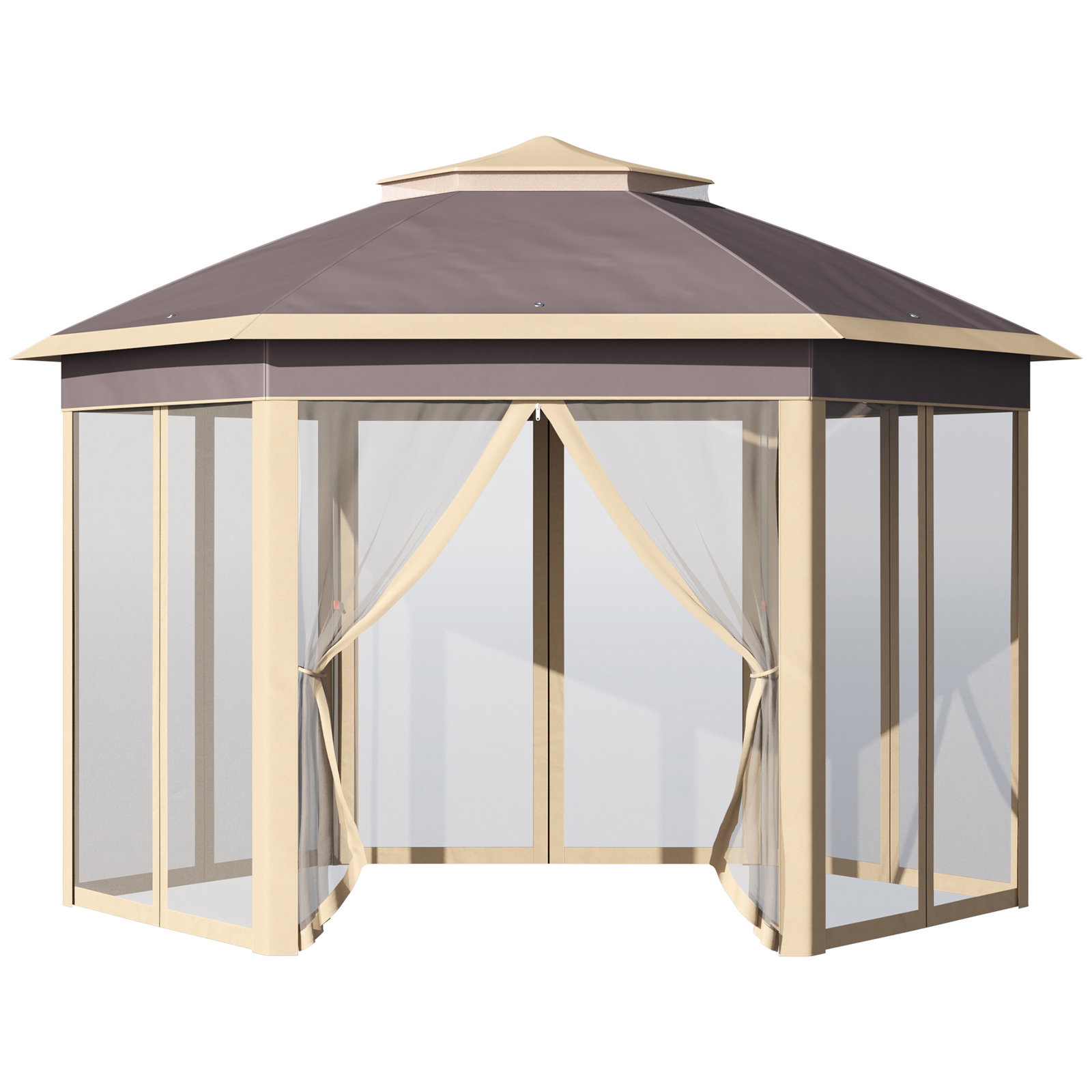 Tenda dobrável 4,05x3,4x2,85 m tenda de jardim hexagonal com 6 mosquiteiras amovíveis e altura ajustável bege