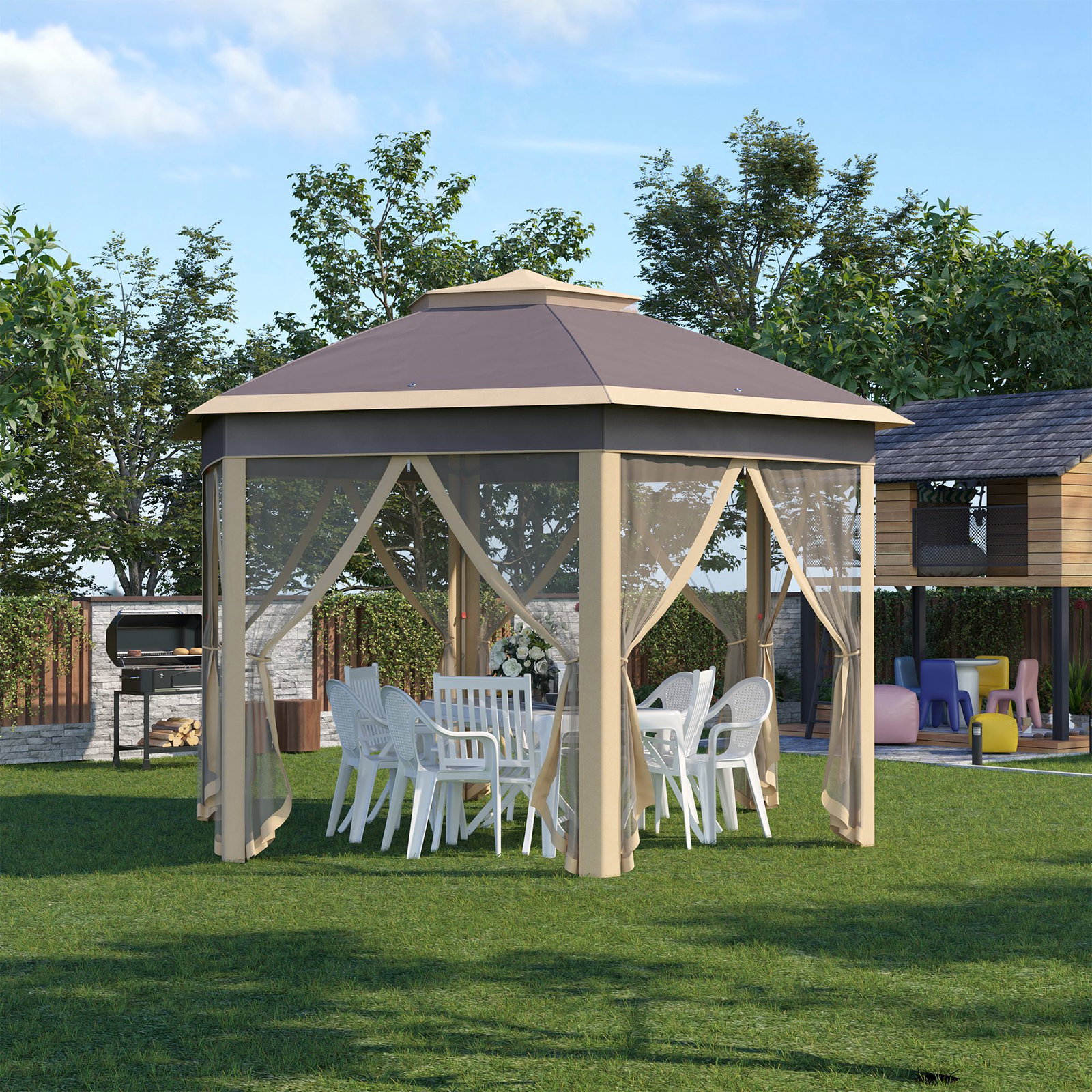 Tenda dobrável 4,05x3,4x2,85 m tenda de jardim hexagonal com 6 mosquiteiras amovíveis e altura ajustável bege