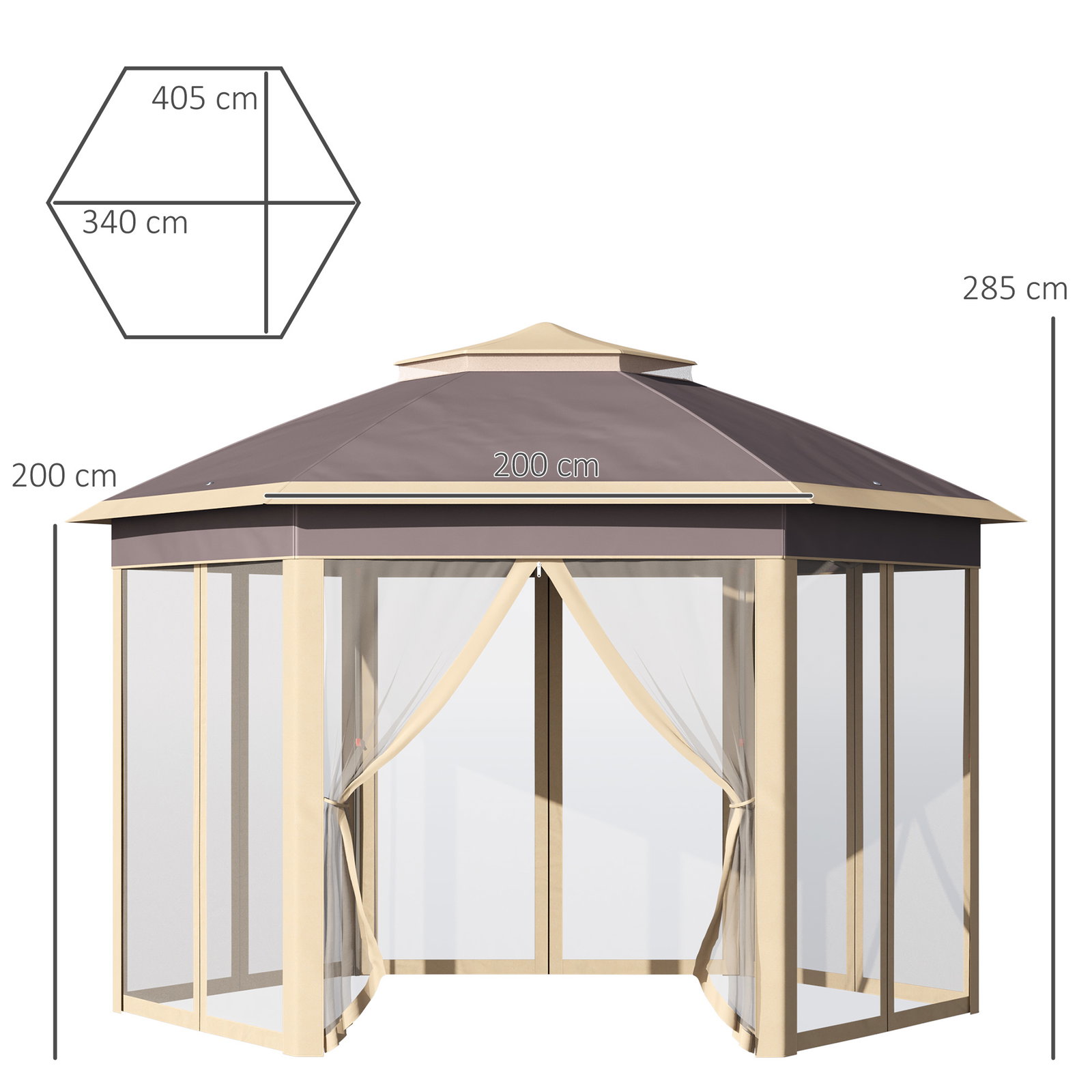 Tenda dobrável 4,05x3,4x2,85 m tenda de jardim hexagonal com 6 mosquiteiras amovíveis e altura ajustável bege