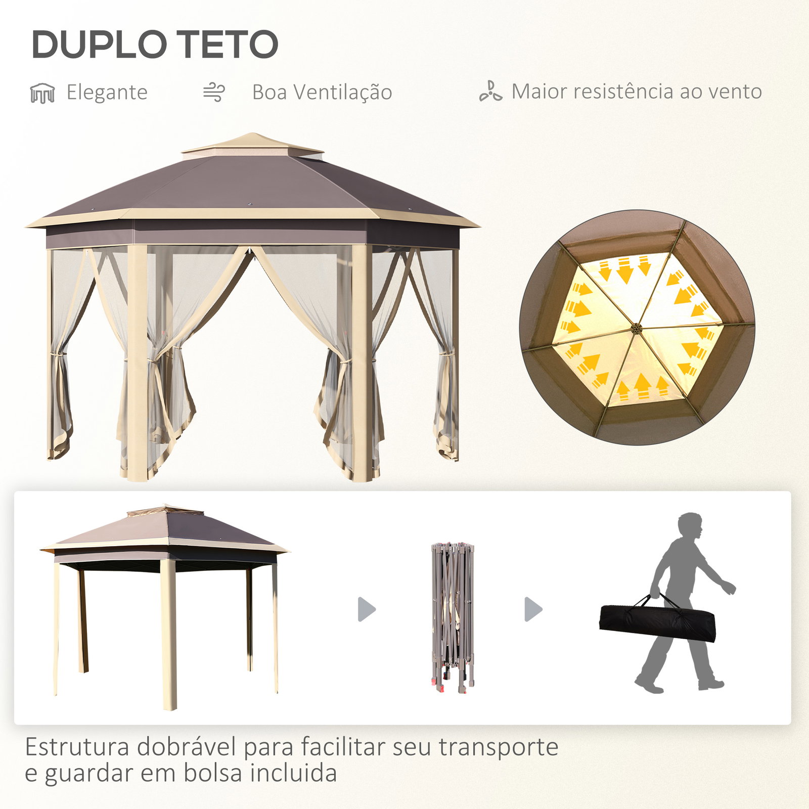 Tenda dobrável 4,05x3,4x2,85 m tenda de jardim hexagonal com 6 mosquiteiras amovíveis e altura ajustável bege