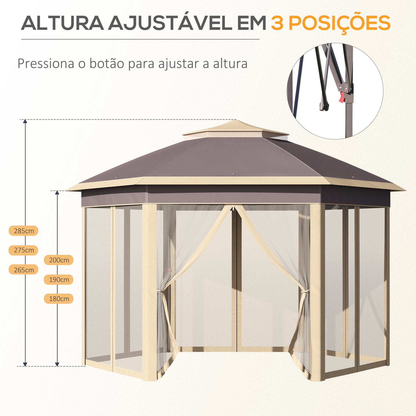 Tenda dobrável 4,05x3,4x2,85 m tenda de jardim hexagonal com 6 mosquiteiras amovíveis e altura ajustável bege
