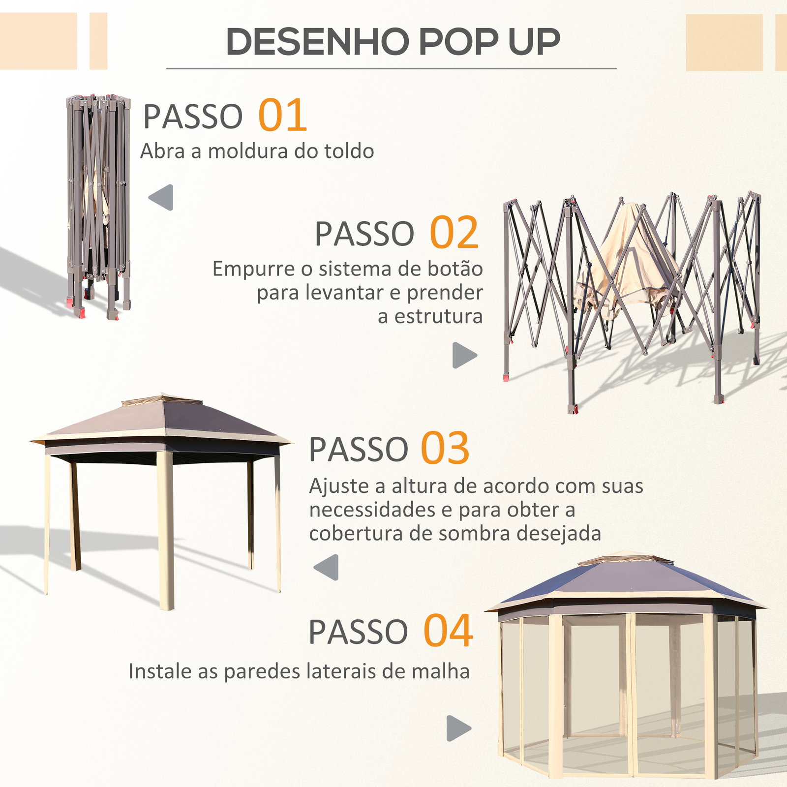 Tenda dobrável 4,05x3,4x2,85 m tenda de jardim hexagonal com 6 mosquiteiras amovíveis e altura ajustável bege