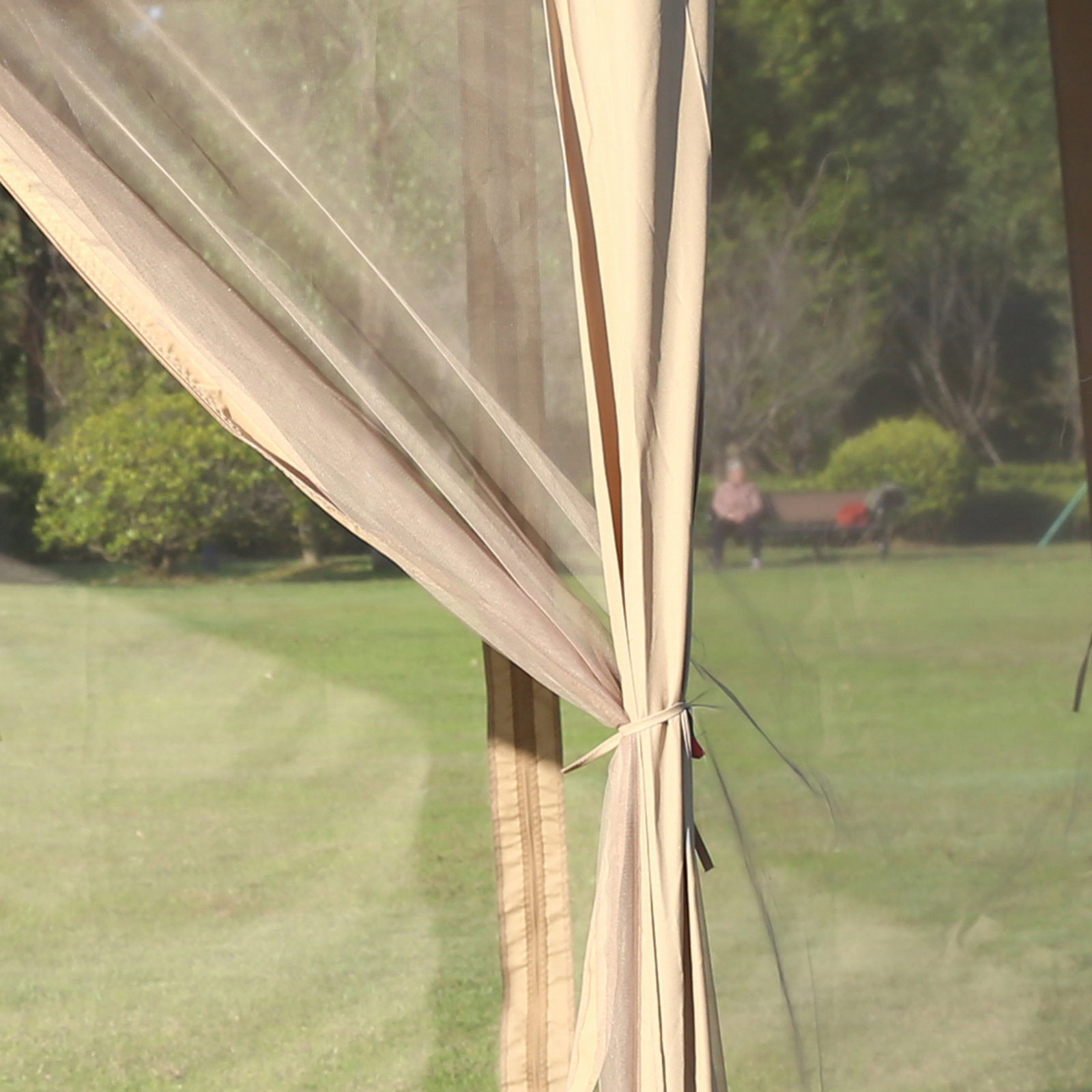 Tenda dobrável 4,05x3,4x2,85 m tenda de jardim hexagonal com 6 mosquiteiras amovíveis e altura ajustável bege