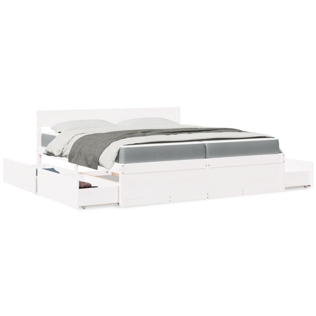 Cama com gavetas e colchão 200x200 cm pinho maciço branco