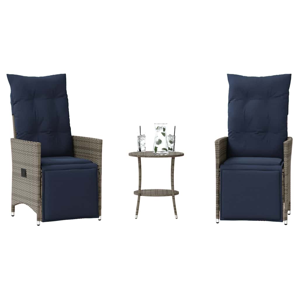 Conjunto bistro de 3 peças com almofadas em rattan sintético cinza