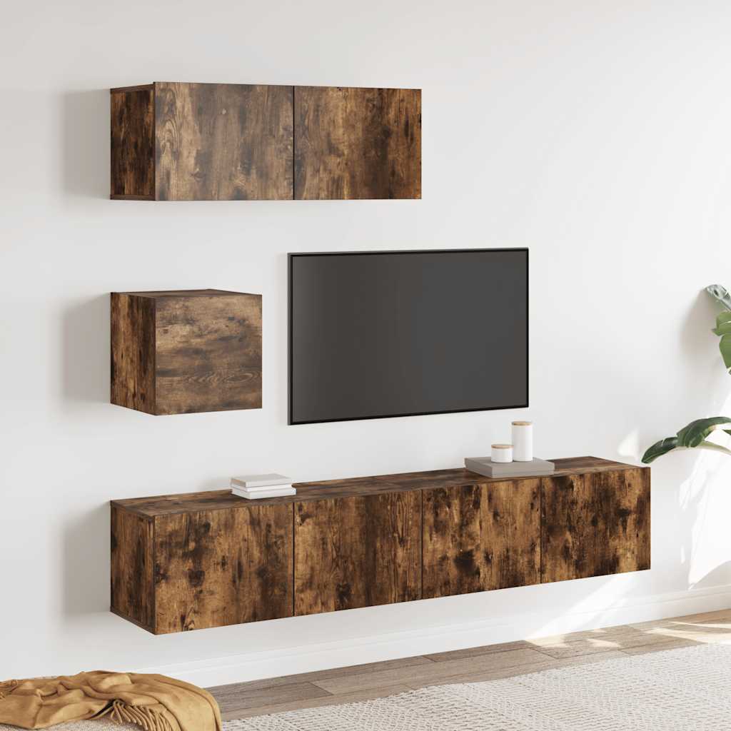 Conjunto móveis de TV 4 pcs madeira processada carvalho fumado