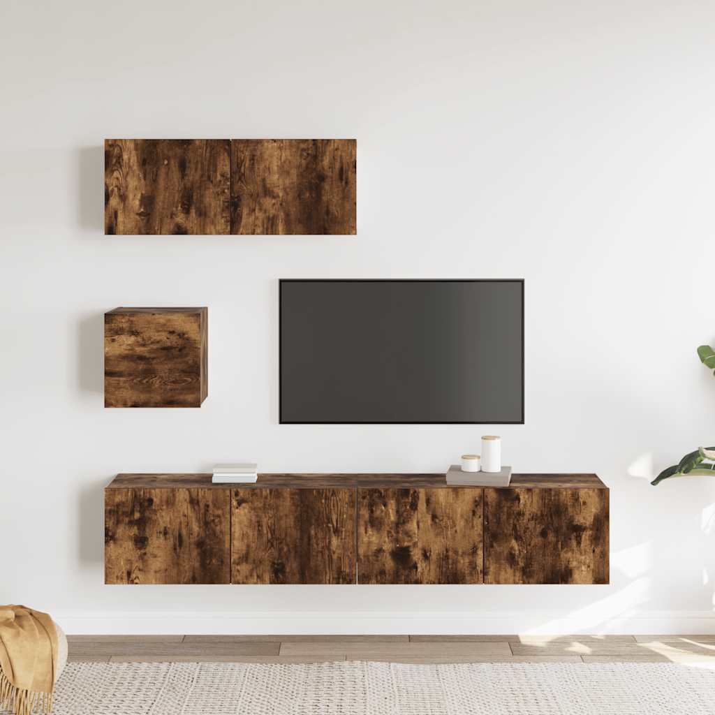 Conjunto móveis de TV 4 pcs madeira processada carvalho fumado