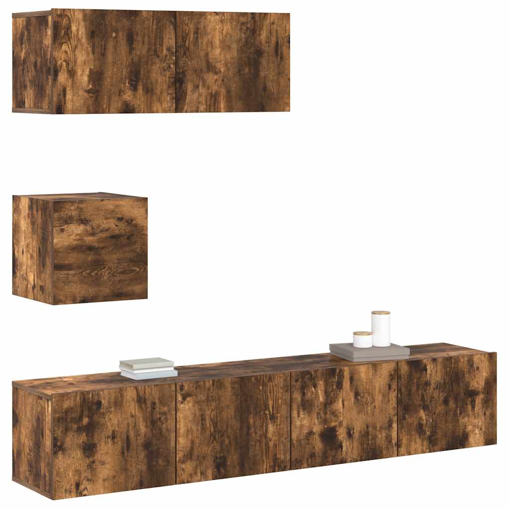 Conjunto móveis de TV 4 pcs madeira processada carvalho fumado