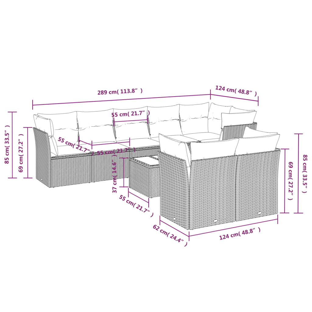 9 Pcs conjunto sofás p/ jardim c/ almofadões vime PE castanho