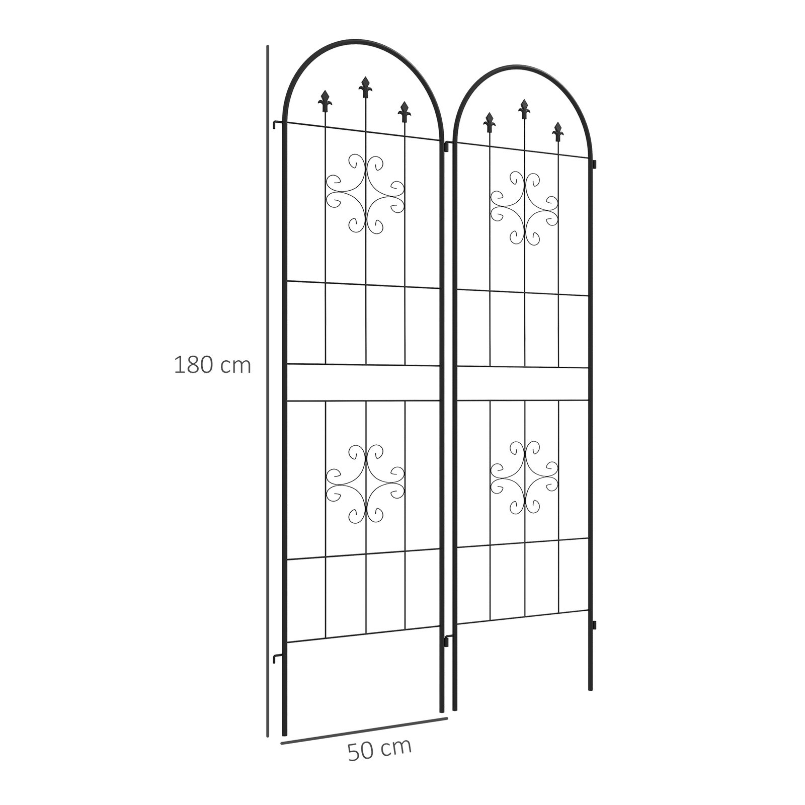 Conjunto de 2 treliças de jardim suportes para trepadeiras de aço para flores e plantas no jardim 50x180 cm preto