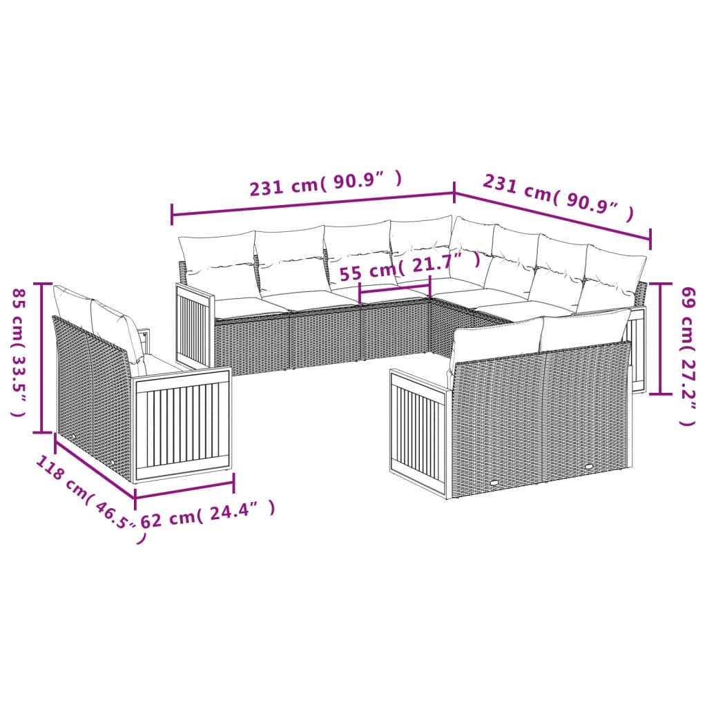 11 Pcs conjunto sofás de jardim c/ almofadões vime PE preto