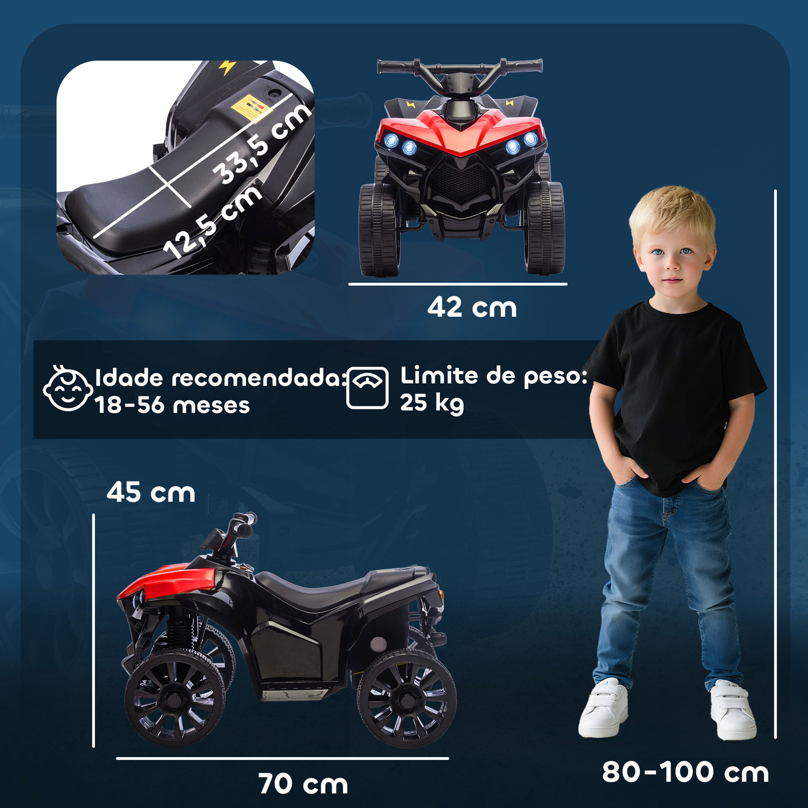 Quadriciclo elétrico para crianças 6 v quadriciclo para crianças com velocidade até 3 km/h faróis e música 70x42x45 cm vermelho