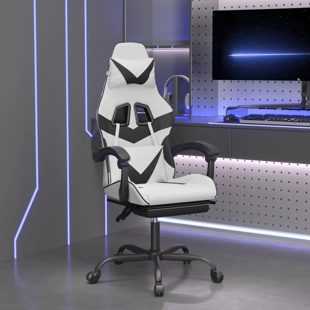Cadeira gaming c/ apoio p/ pés couro artificial preto e branco