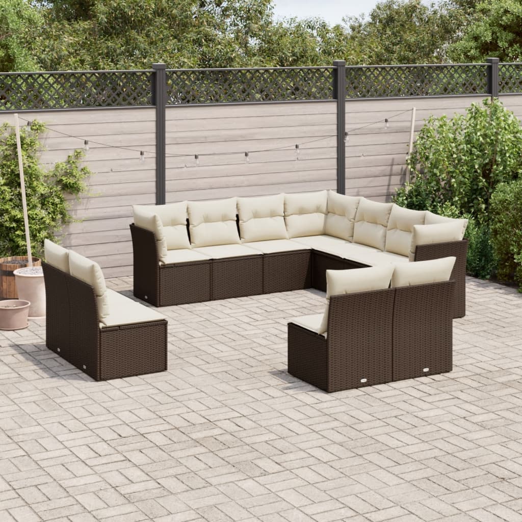 11 Pcs conjunto sofás de jardim c/ almofadões vime PE castanho