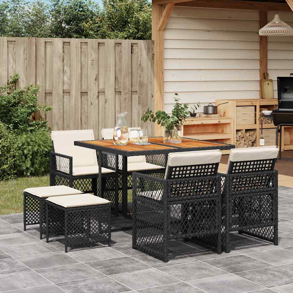 9 Pcs conjunto de jantar p/ jardim c/ almofadões vime PE preto