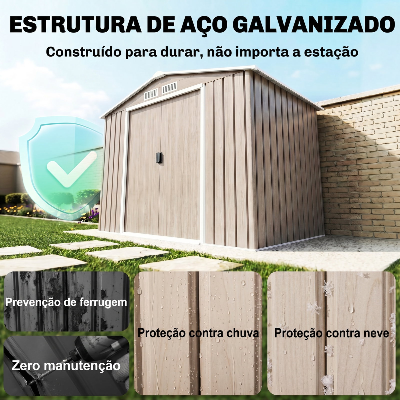 Abrigo de jardim 213x130x185 cm abrigo de jardim metálico de exterior com 2 portas deslizantes e 4 janelas madeira