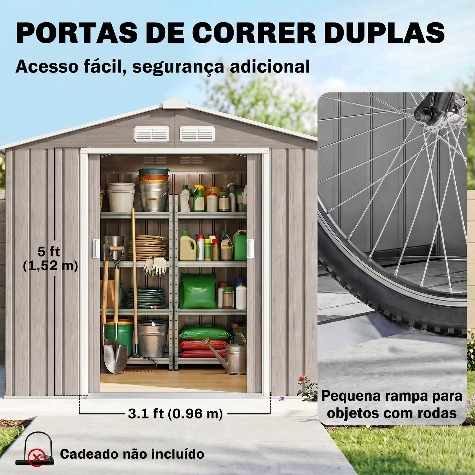 Abrigo de jardim 213x130x185 cm abrigo de jardim metálico de exterior com 2 portas deslizantes e 4 janelas madeira