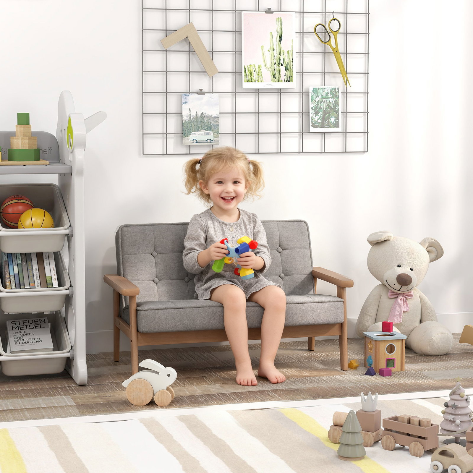 Sofá para crianças de 2 lugares poltrona infantil com estrutura de madeira assento e encosto acolchoados 77x42x48 cm cinzento