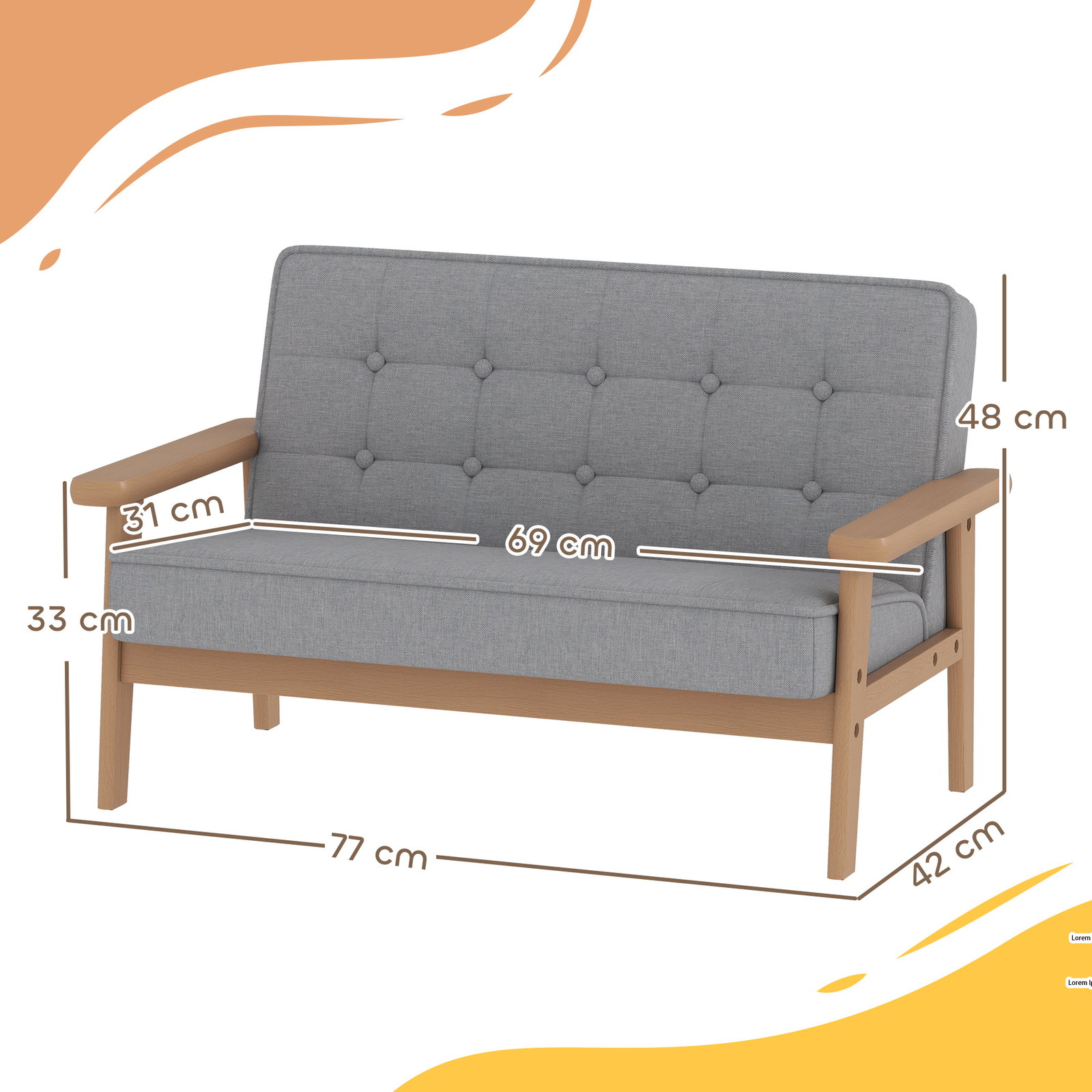 Sofá para crianças de 2 lugares poltrona infantil com estrutura de madeira assento e encosto acolchoados 77x42x48 cm cinzento