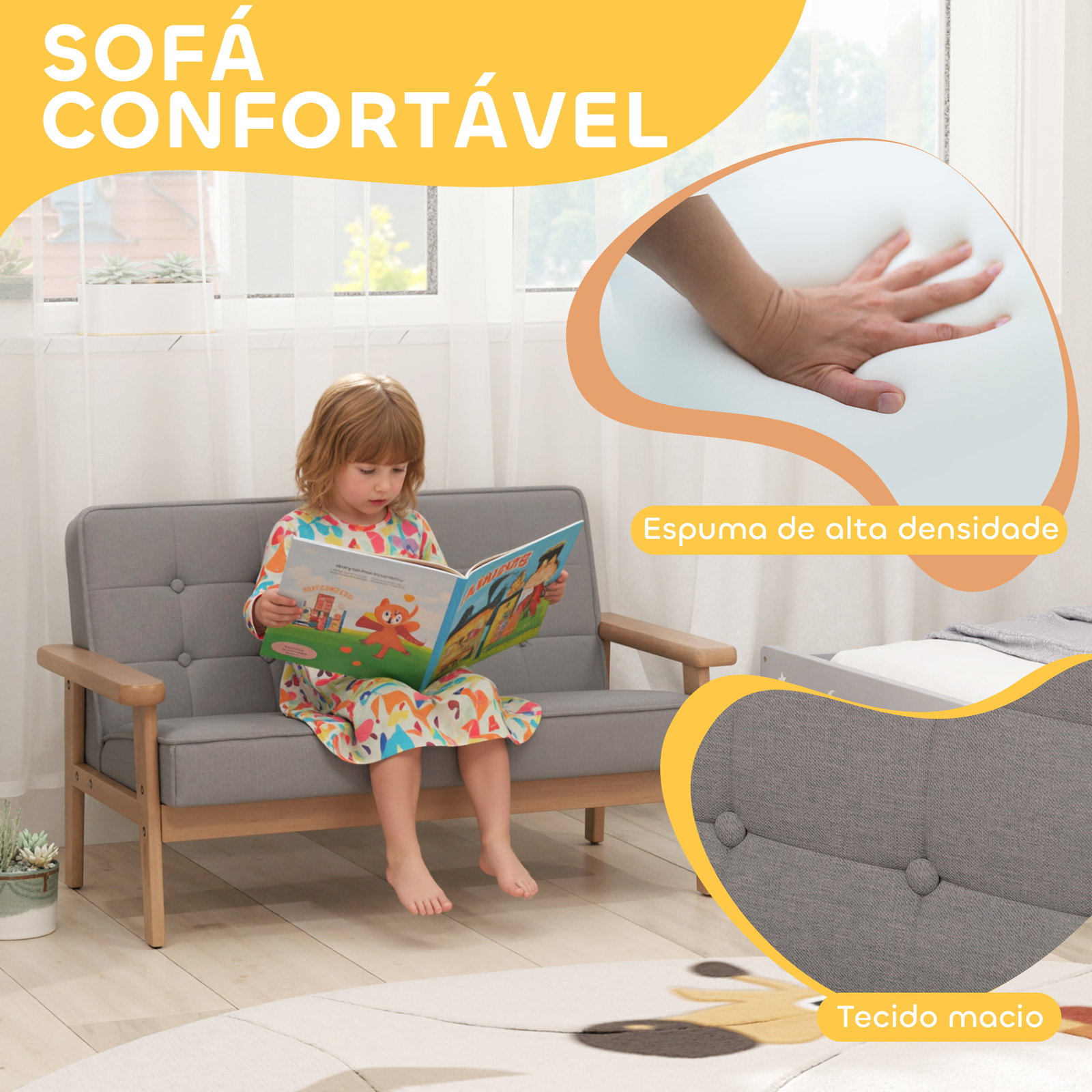 Sofá para crianças de 2 lugares poltrona infantil com estrutura de madeira assento e encosto acolchoados 77x42x48 cm cinzento