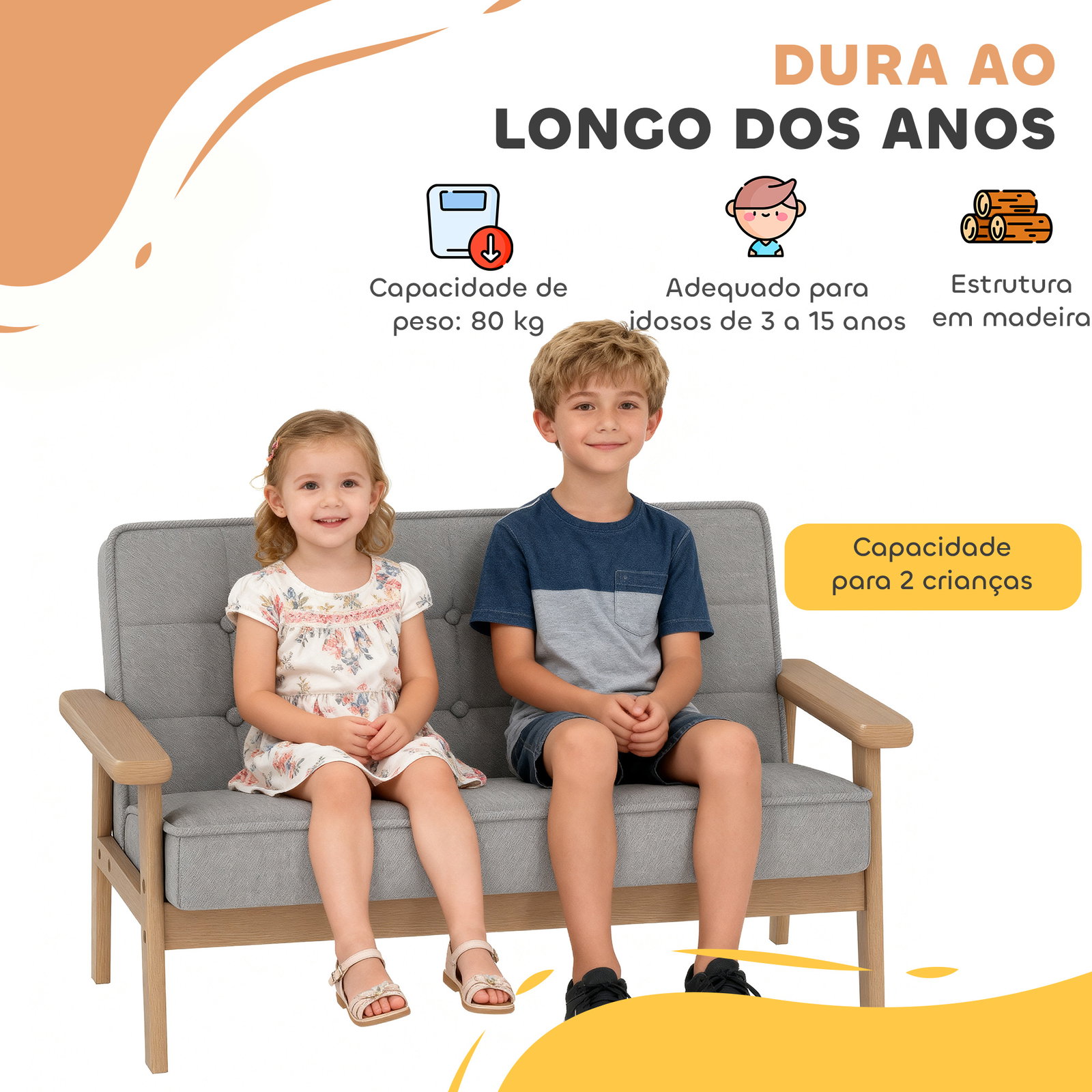 Sofá para crianças de 2 lugares poltrona infantil com estrutura de madeira assento e encosto acolchoados 77x42x48 cm cinzento