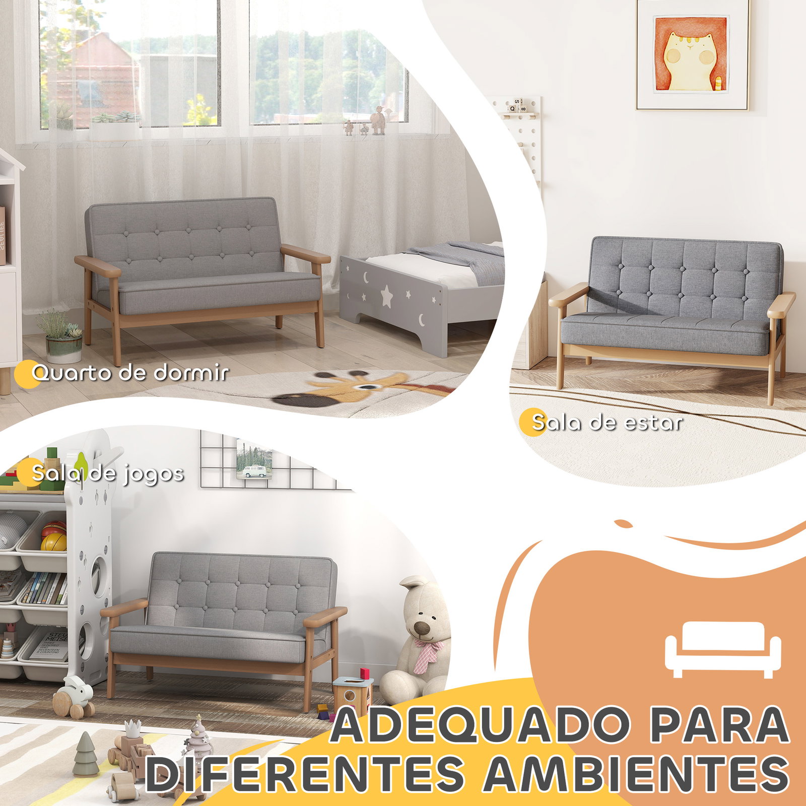 Sofá para crianças de 2 lugares poltrona infantil com estrutura de madeira assento e encosto acolchoados 77x42x48 cm cinzento