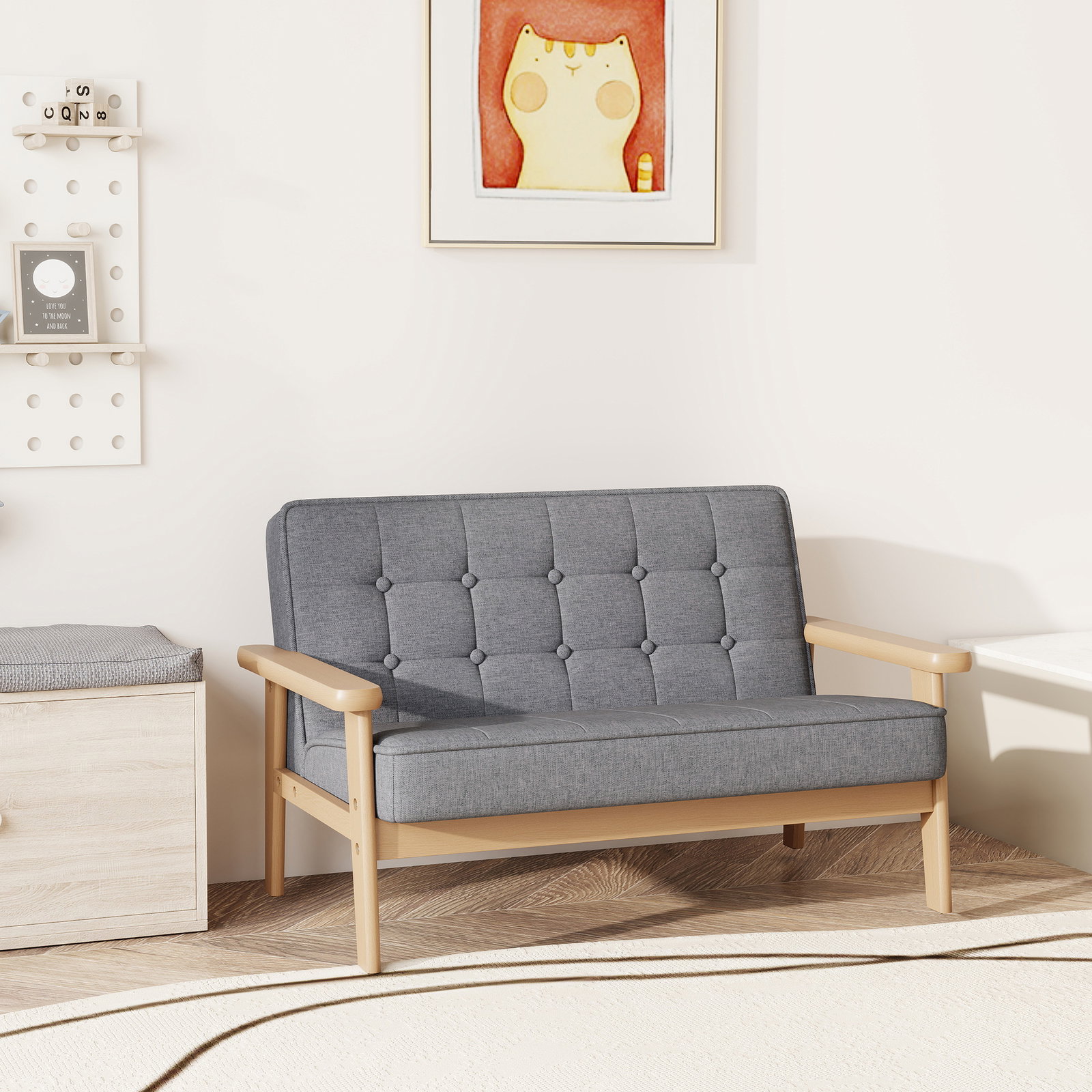 Sofá para crianças de 2 lugares poltrona infantil com estrutura de madeira assento e encosto acolchoados 77x42x48 cm cinzento