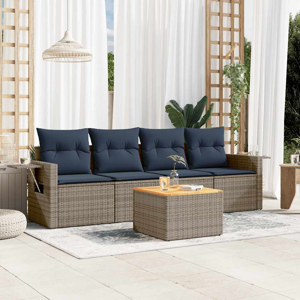 Conjunto de sofá de jardim de 5 peças com almofadas em rattan sintético cinza
