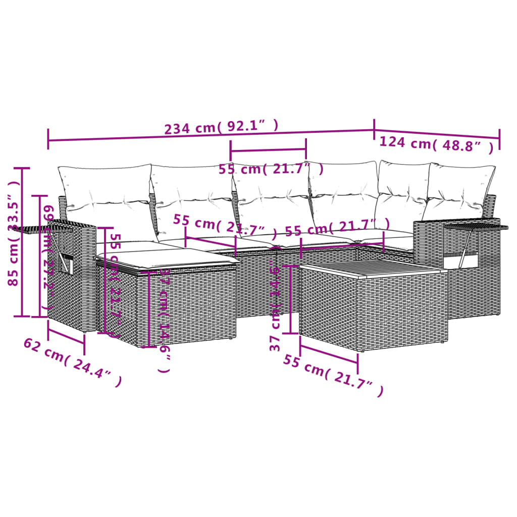 7 Pcs conjunto de sofás p/ jardim com almofadões vime PE bege