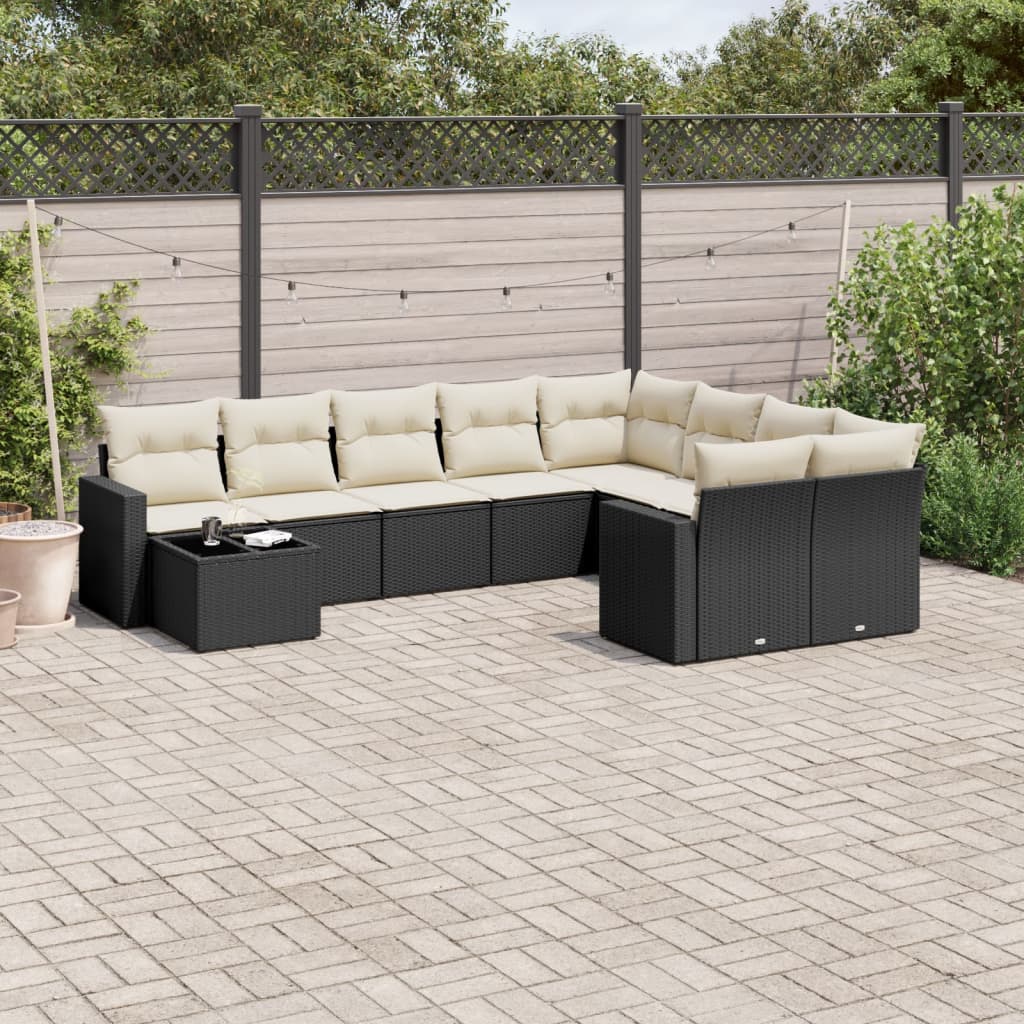 10 Pcs conjunto sofás de jardim c/ almofadões vime PE preto
