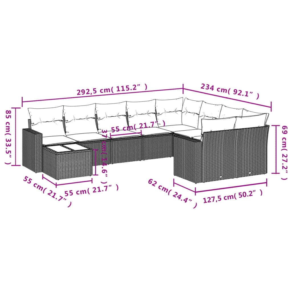 10 Pcs conjunto sofás de jardim c/ almofadões vime PE preto