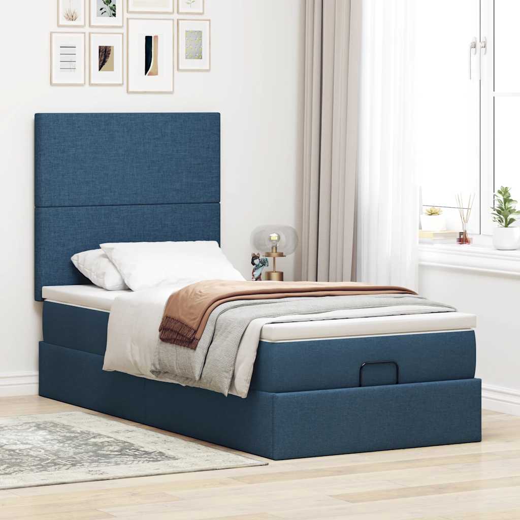 Estrutura de cama otomana com colchão tecido azul 90x190cm