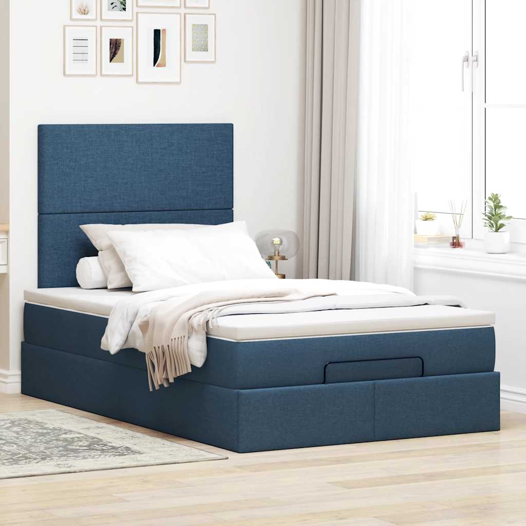 Estrutura de cama otomana com colchão 120x190 cm tecido azul