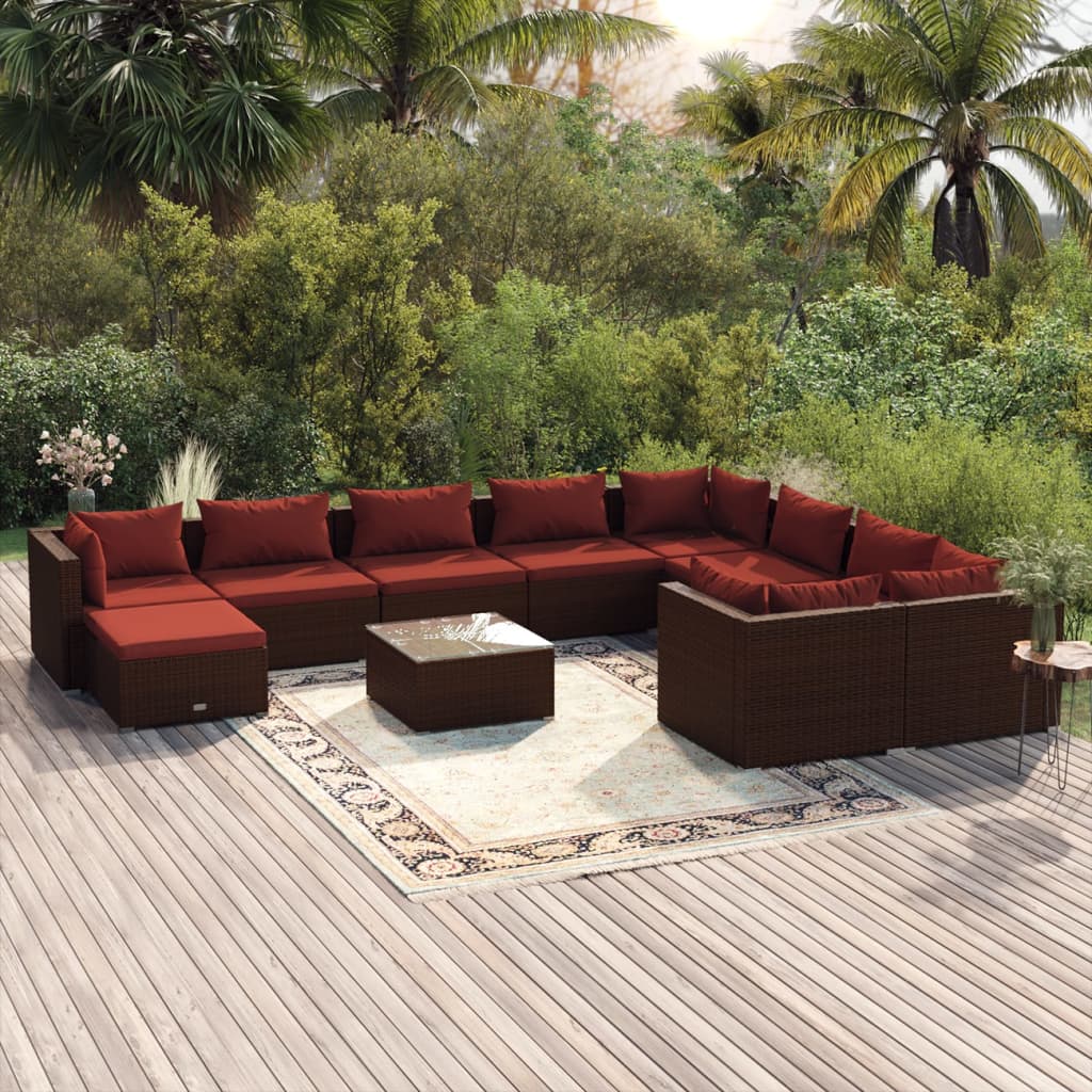 11 Pcs conjunto lounge jardim c/ almofadões vime PE castanho