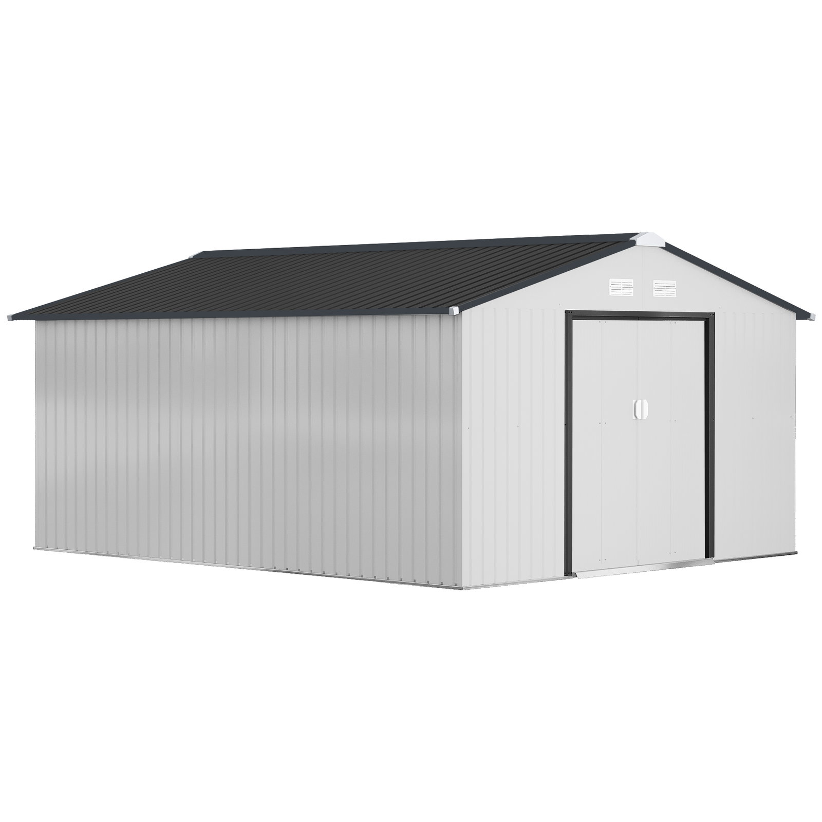 Abrigo de jardim exterior para armazenamento de ferramentas com 4 janelas 12,4 m² 340x386x200 cm branco e cinza escuro