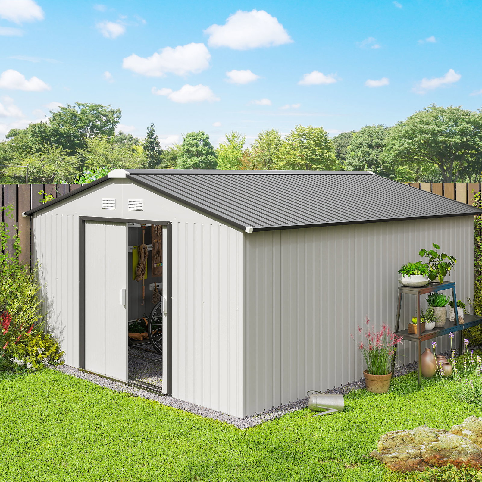 Abrigo de jardim exterior para armazenamento de ferramentas com 4 janelas 12,4 m² 340x386x200 cm branco e cinza escuro