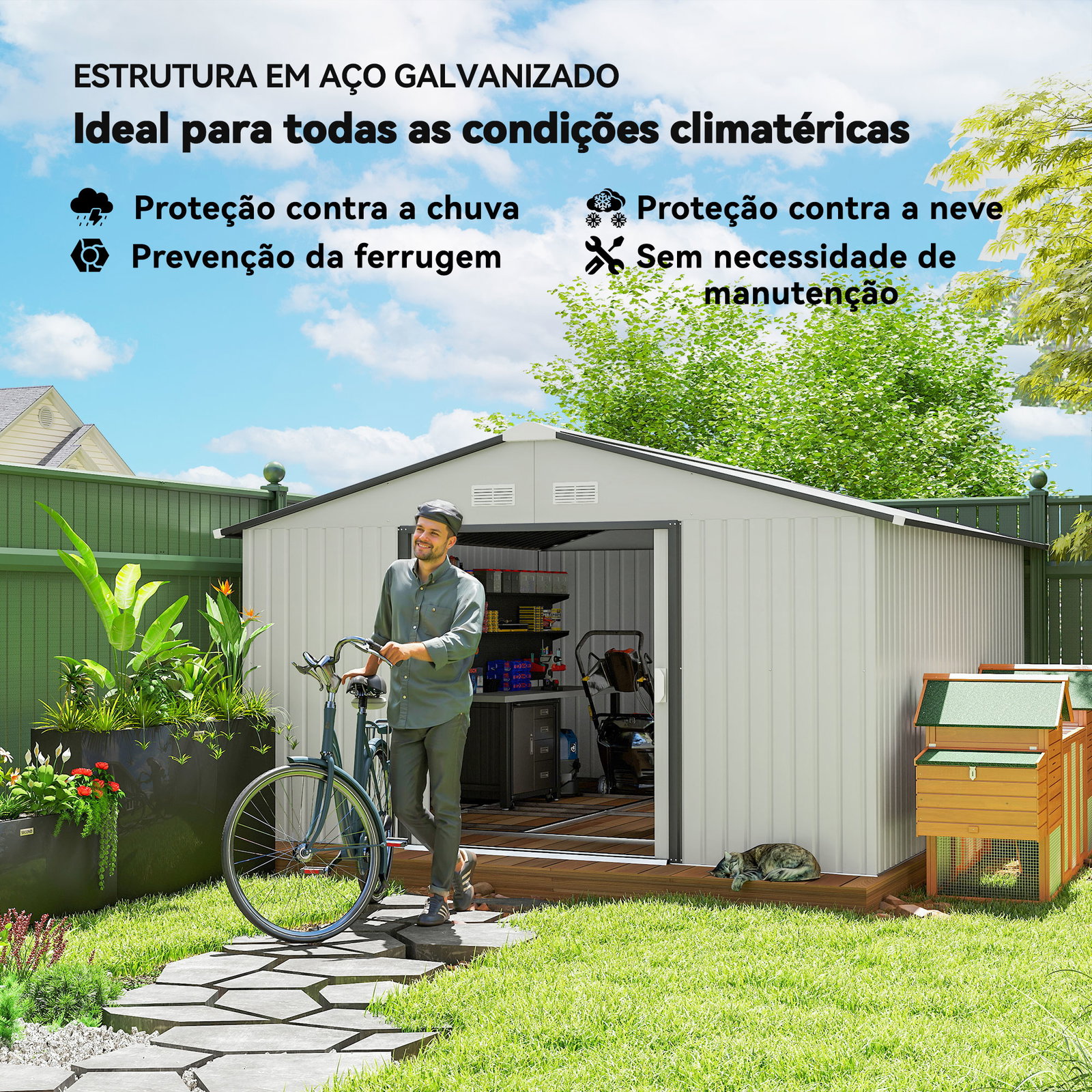 Abrigo de jardim exterior para armazenamento de ferramentas com 4 janelas 12,4 m² 340x386x200 cm branco e cinza escuro