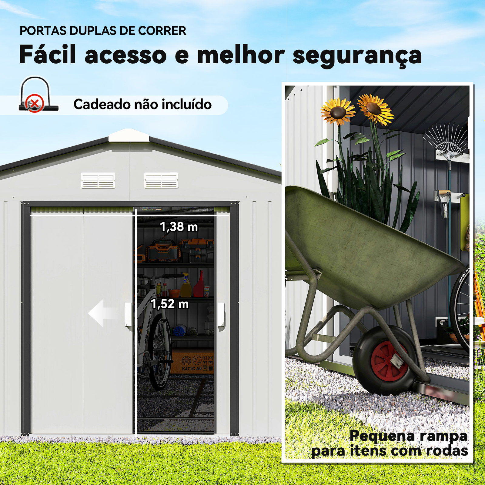 Abrigo de jardim exterior para armazenamento de ferramentas com 4 janelas 12,4 m² 340x386x200 cm branco e cinza escuro