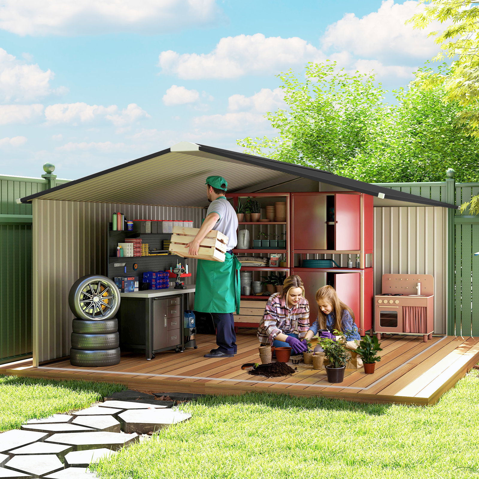 Abrigo de jardim exterior para armazenamento de ferramentas com 4 janelas 12,4 m² 340x386x200 cm branco e cinza escuro