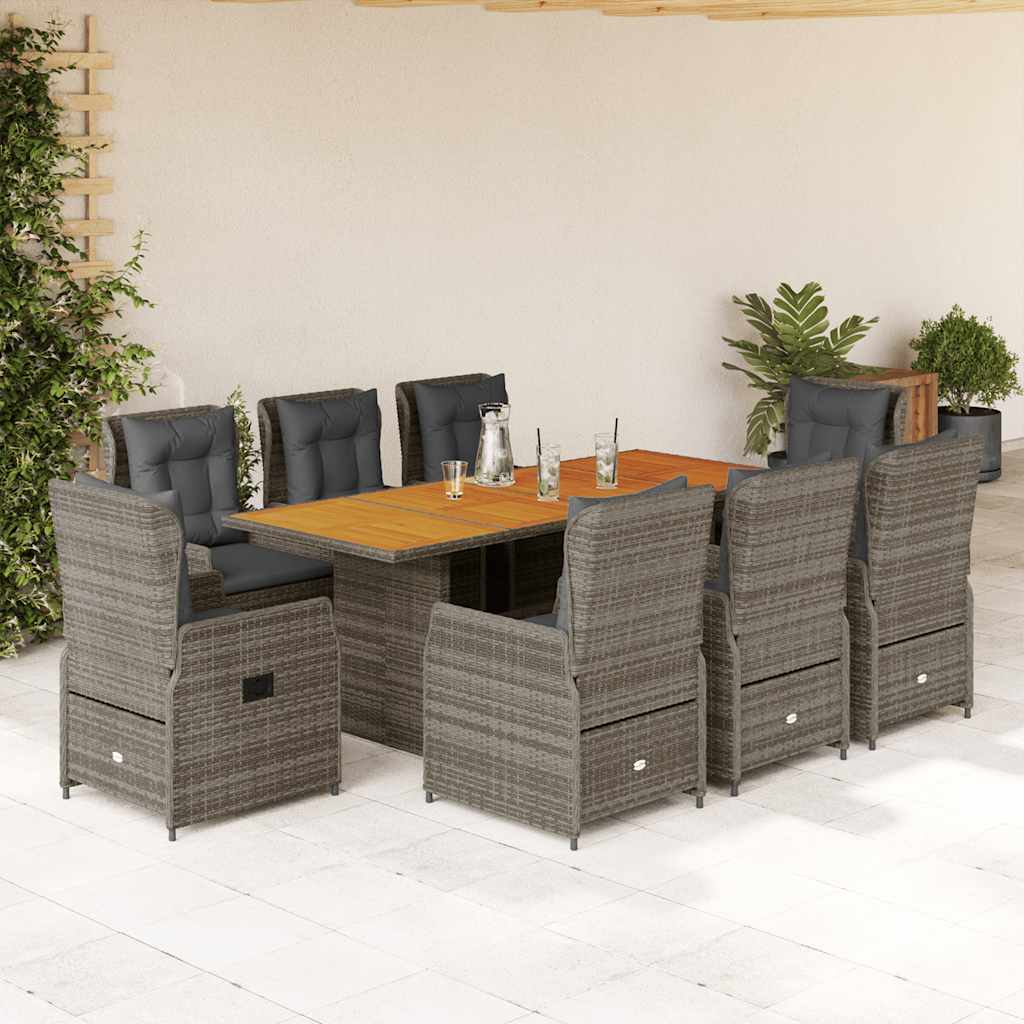 9 Pcs conjunto de jantar p/ jardim c/ almofadões vime PE cinza