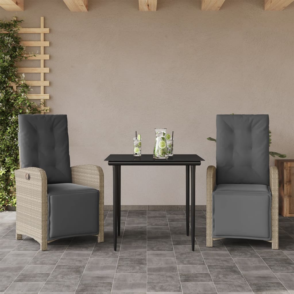 3 Pcs conjunto bistrô com almofadões vime PE cinzento claro