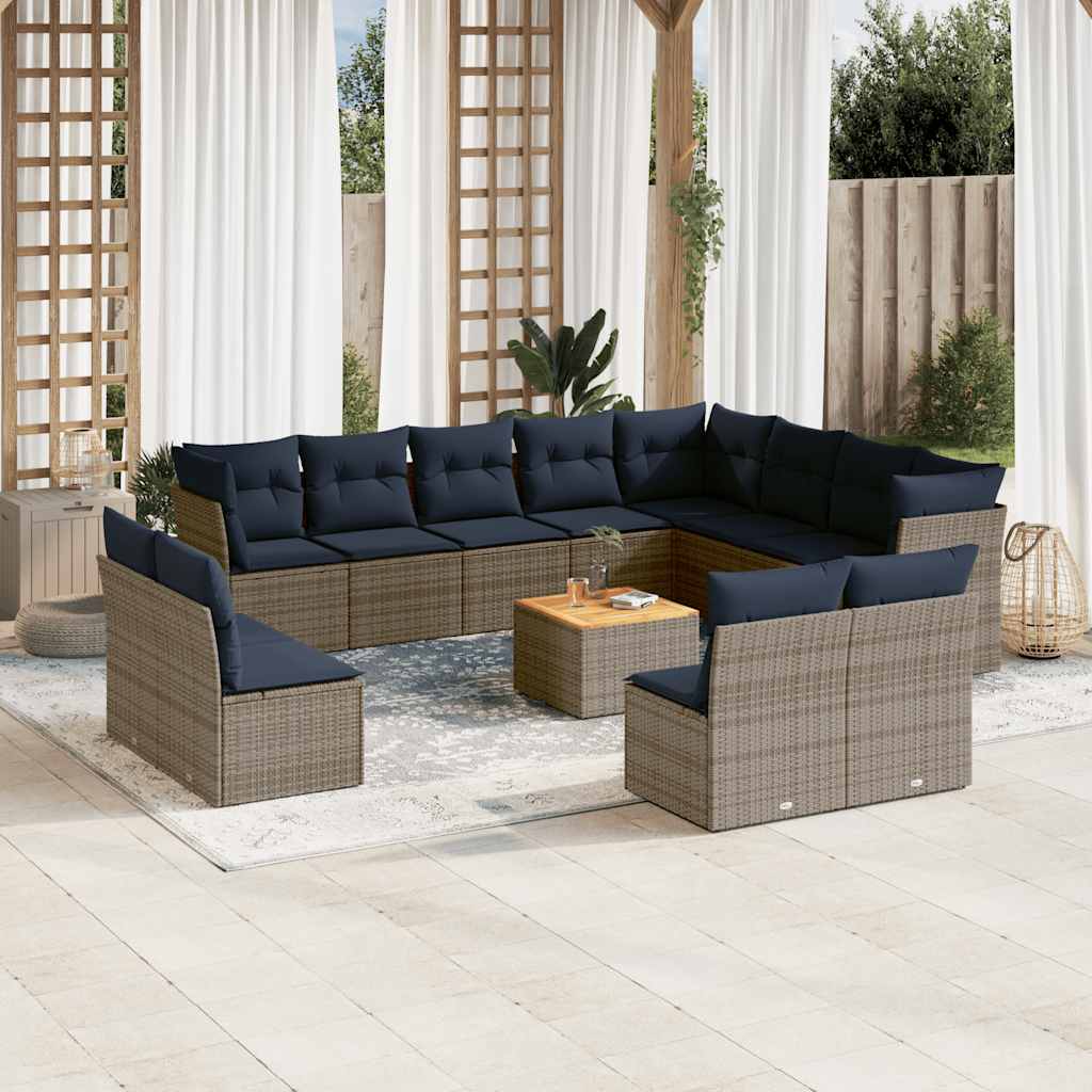 13 Pcs conjunto sofás p/ jardim c/ almofadões vime PE cinzento
