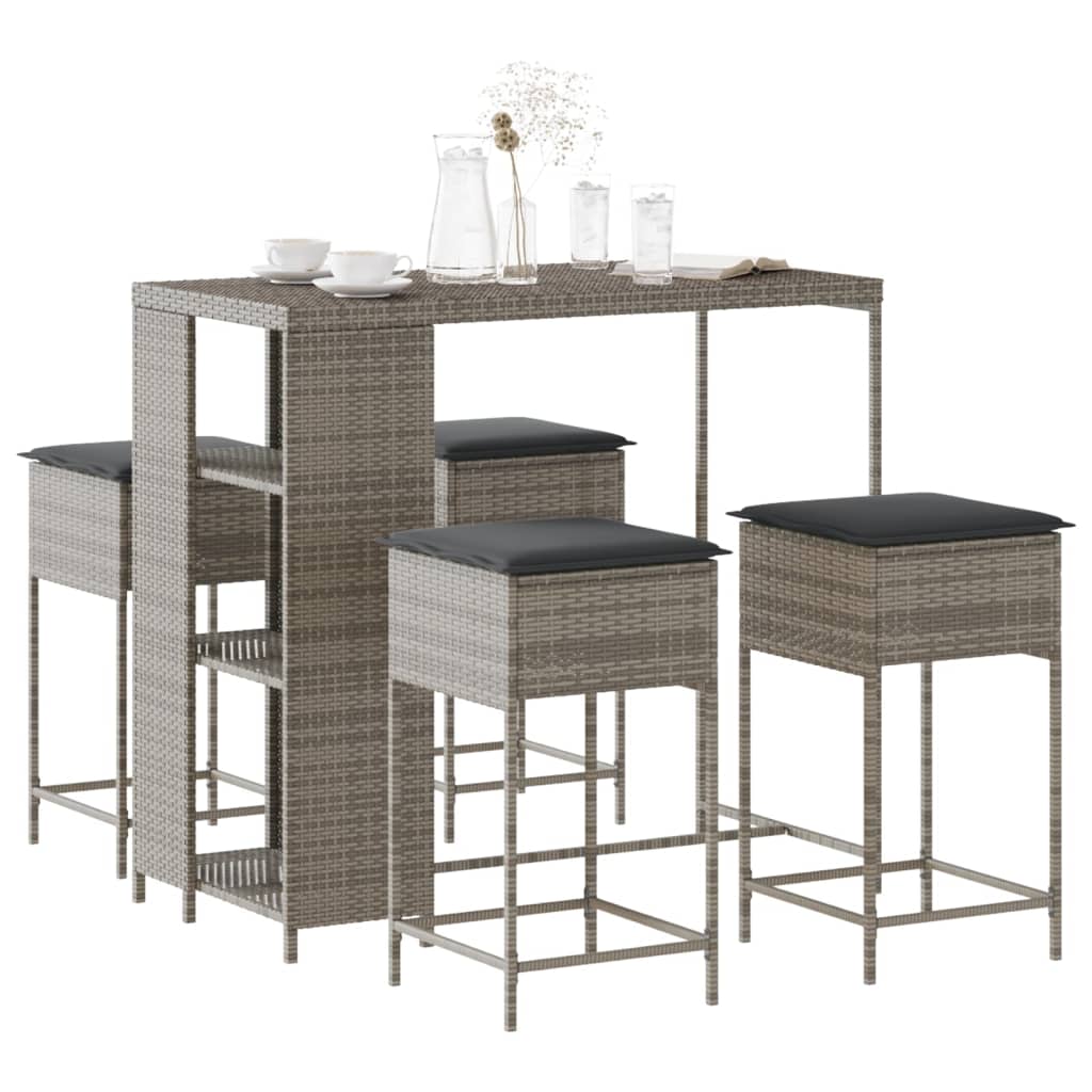 5 Pcs conjunto de bar p/ jardim c/ almofadões vime PE cinzento