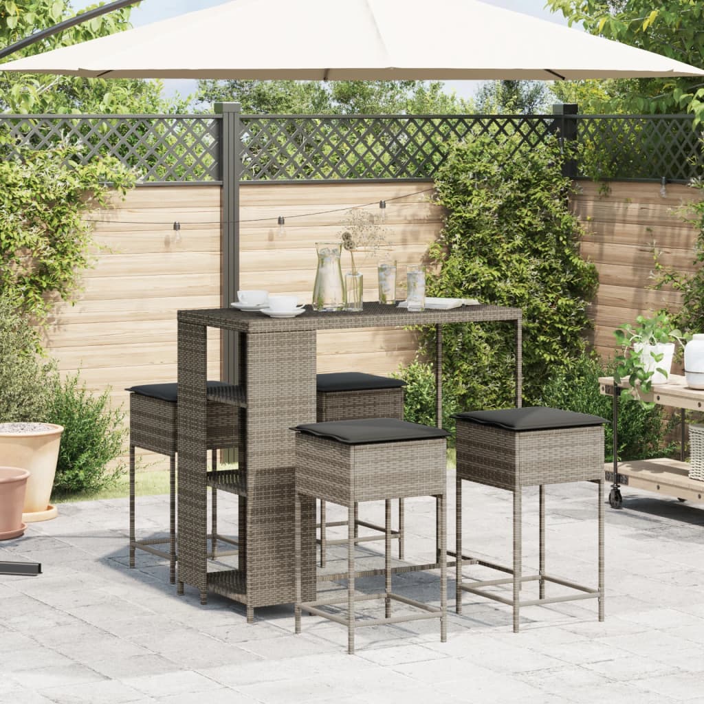 5 Pcs conjunto de bar p/ jardim c/ almofadões vime PE cinzento