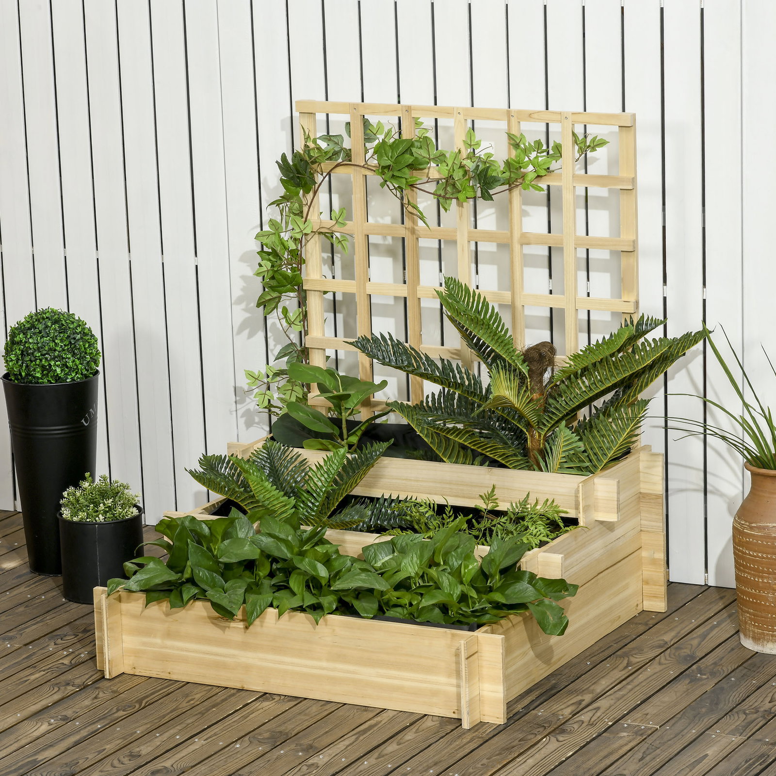 Floreira de 3 níveis com treliça hortal vertical com tecido não tecido para cultivos de verduras flores 95x95x110 cm madeira